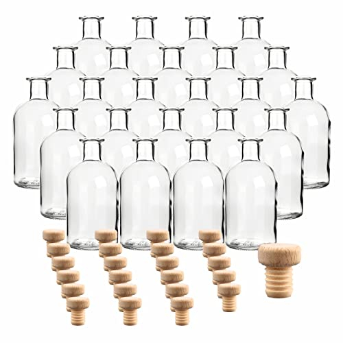 gouveo Set 24 Bottiglie in Vetro da 250 ml Farmacista con Tappo in Sughero - Bottiglia Rotonda da Riempire - Bottiglia Vuota da Farmacista per Liquore, Olio, Aceto (AFRT250HGK)