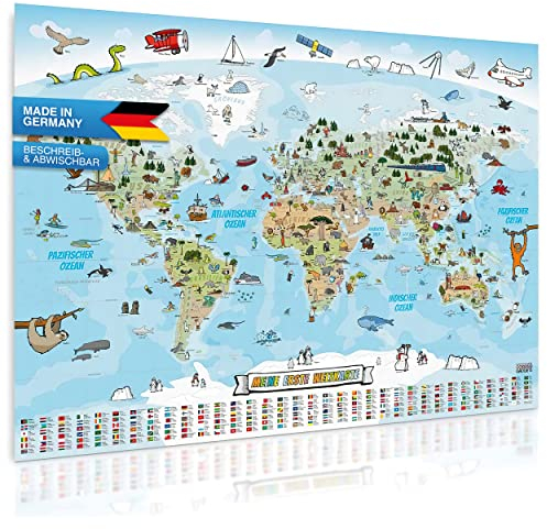 Panorama Weltkarte für Kinder XXL - 140x100cm Kinder-Weltkarte komplett handgezeichnet und koloriert