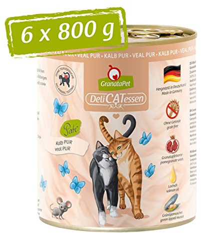GranataPet Våtfoder Delicatessen kalv PUR, 6 x 800 g, för katter, foder utan spannmål och utan sockertillsatser, kattfoder med hög kötthalt och högkvalitativa oljor