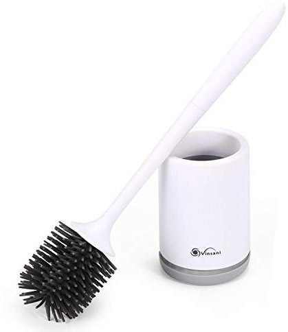 Vinsani Toilet Brush with Handle & Holder Set - Non-Slip Plastic handle with Deep Cleaner Flexible Rubber Bristles and Quick Dry Holder, Grey, 1 Pack