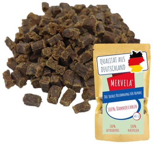 MERVELA® Premium Damhirschkuh Kauwürfel für Hunde, 500g - Ideal als Trainingsleckerli | 100% Natürliches Damhirschkuhfleisch | Hypoallergen für Sensible Hunde | Made in Germany