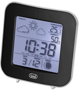 Trevi ME 3106 Stazione Meteo Digitale da Tavolo con Termometro e Igrometro, Orologio Sveglia 12/24h, Fasi Lunari, Calendario, Display LED Blu, Alimentazione a Batterie, Nero