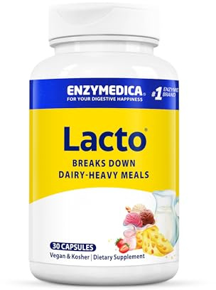 Enzymedica Lacto, Maximum Strength Lactose Digestive Enzymes for Dairy Intolerance, with Lactase for Lactose and Protease for Casein, 30 Vegan Capsules, Kosher, Gluten Free, SOYA Free, Non-GMO