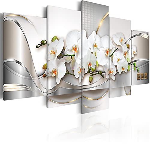 B&D XXL - Leinwandbild Blumen Orchidee silber, 200x100 cm, 5-teilig, modern | Hochwertige Leinwand, sofort aufhängbar, ideal fürs Wohn- oder Schlafzimmer, wasserfest und lichtecht, langlebig, stilvoll
