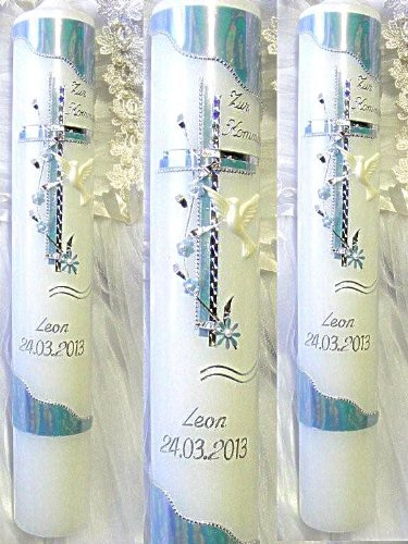 Recuren Plus Kerze Taufkerze Kommunionkerze 400/50 mm Hellblau-silber Unparfümiert inkl. Beschriftung