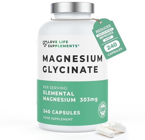 Pure Magnesium Glycinate (Bisglycinate), 240 Vegan Capsules, 2 Month Supply, High Strength 300mg Elemental, Bioavailable Chelated Supplement for Sleep, Muscle Cramps, UK Made - Love Life Supplements