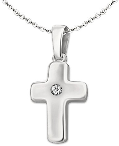 CLEVER SCHMUCK Kreuz Halskette für Kinder 18 mm mit Zirkonia + Ankerkette 40 cm Sterling Silber 925 im Schmucketui sand