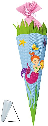 alles-meine.de GmbH BASTELSET Schultüte - Meerjungfrau Nixe - 85 cm - mit/ohne Kunststoff Spitze - Zuckertüte zum selber Basteln - 6 eckig Mädchen Fische Seestern blau Pupp..