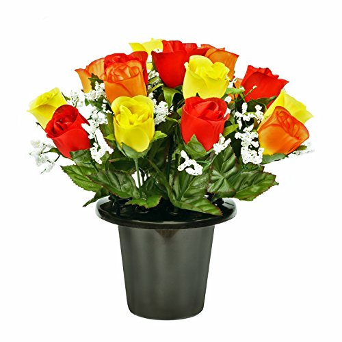 FloristryWarehouse Grabschmuck aus künstlichen Seidenrosen in den Farben Gelb, Rot und Orange und Schleierkraut, mit Kunststofftopf