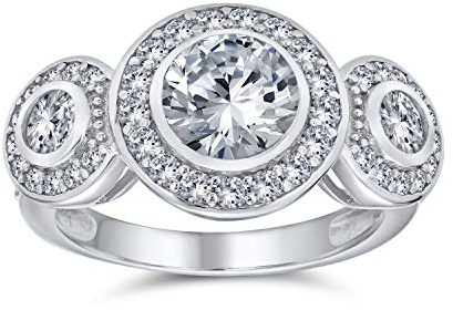 Personalisiert Art Deco Vintage Stil Vergangenheit Gegenwart Zukunft Drei Steine Circlet Halo AAA Zirkonia Runde Solitär Verlobungsring für Frauen .925 Sterling Silber Anpassbar
