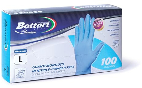 Bottari Guanti in Nitrile Monouso Blu, Senza Talco, Confezione da 100 Pezzi, Taglia L, Anallergici, Resistenti
