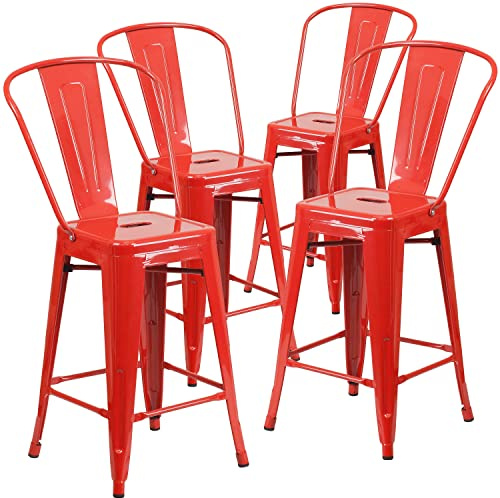 Flash Furniture Lily Hocker in handelsüblicher Qualität, 61 cm hoch, Metall, für drinnen und draußen, mit Abnehmbarer Rückenlehne, Rot, 4 Stück