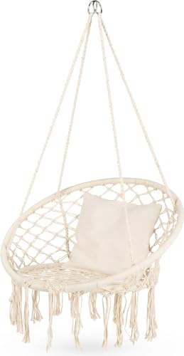 Outtec Fauteuil Suspendu 1 Personnes XXL avec Coussin, Single Chaise Suspendue Exterieur de jusqu'à 150 kg, Boho Chaise Hamac Suspendu Interieur, Fauteuil Balancoire Bohème, Ideal pour Jardin, Beige