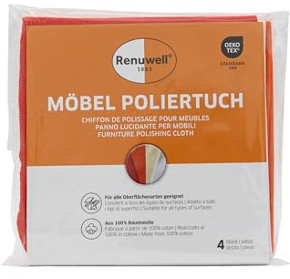 Renuwell Möbel-Poliertuch aus Baumwolle 4-er Set – Perfekte Ergänzung zur Möbelpflege, fusselfrei und langlebig, reinigt und poliert Holz, Kunststoff und mehr, bis 60°C waschbar