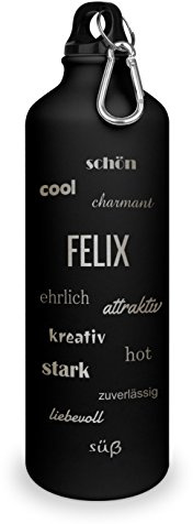 printplanet Trinkflasche mit Namen Felix - graviert mit Positive Eigenschaften, Aluminiumflasche mit Gravur, Sportflasche - Farbe weiß/schwarz