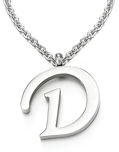 COOLSTEELANDBEYOND Name Initiale Alphabet Buchstaben A bis Z Anhänger Edelstah Halskette für Damen Herren mit 50cm Stahl Seil-Kette - D