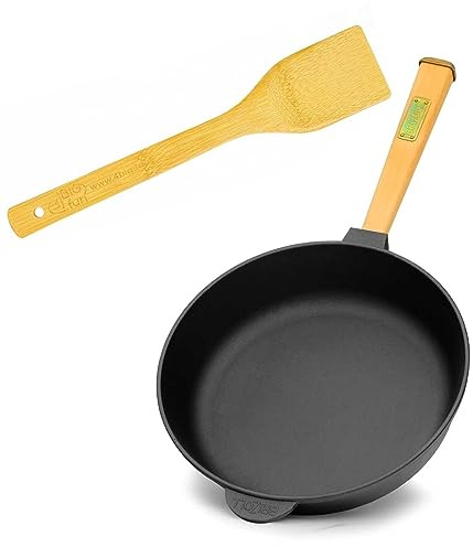 BIOL Gusseisenpfanne Ø26 cm (tief) BRIZOLL Bratpfanne aus Gusseisen Eisenpfanne Gusspfanne rund mit abnehmbarem Holzgriff und Pfannenwender von 4big.fun INDUKTION für alle Herdarten Backofen Grill