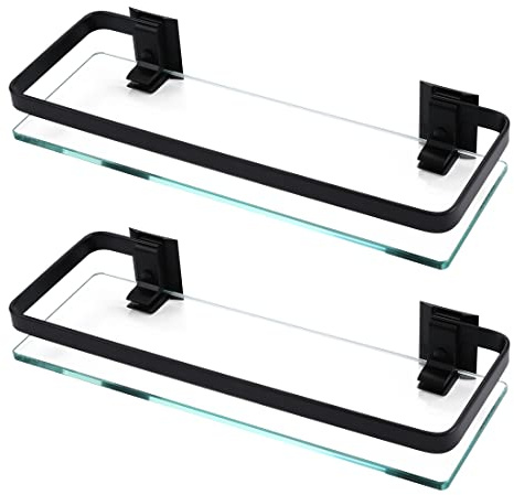KES Etagere en Verre de Salle De Bains Aluminium Etagere Murale Tablette Douche 8MM Extra Épais en Verre Trempé Rectangulaire 2 Pack Noir, A4126A-BK-P2