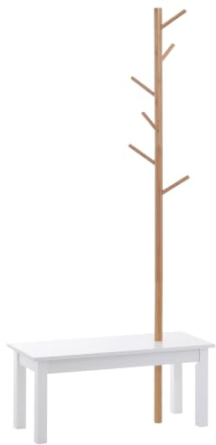 HOMCOM Panca con Appendiabiti da Ingresso Design 80x30x180cm Bianco Legno | Attaccapanni da Terra in Bambù, Panca da Ingresso Bianca, anche per Camera da Letto