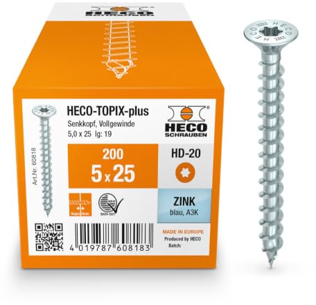 HECO-TOPIX-plus Holzschraube 5 x 25, Senkkopf mit Frästaschen, HECO-Drive, HD-20, variables Vollgewinde, verzinkt blau, A3K, 200 Stück
