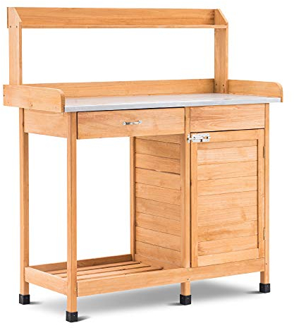 MCombo Pflanztisch Gärtnertisch Blumentisch, mit verzinkt Arbeitsplatte Schublade Unterschrank, Wetterfest,Massivholz, 112 x 47 x 125 cm (Natur)