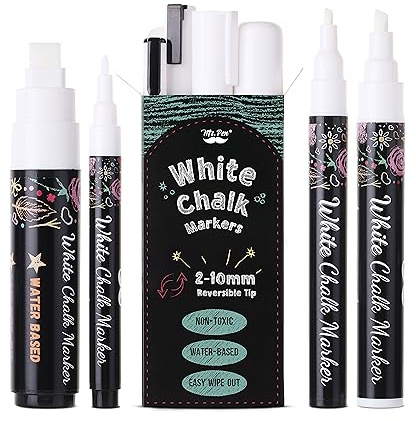 Mr. Pen- Liquid Chalk Marker Pen, 4 Pack, Assorted Size Tip, White Non-Toxic Odorless Chalk Markers, Reversible Chisel & Bullet Tip, Ideal for Non-Porous Chalkboards, Chalkboard Vinyl, Glass & Metal