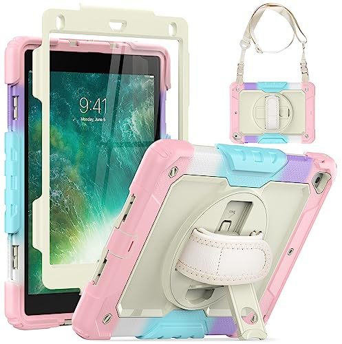 SEYMCY for iPad 6th/5th Generation Case Pro 9.7 Inch, iPad Air 2 Case | Full-body Shockproof with Screen Protector, 360° Rotating Stand & Hand Strap, Shoulder Strap, Pink