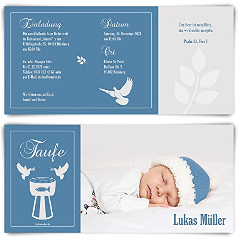 20 x Einladungskarten zur Taufe - Text und Foto einfach individuell selbst gestalten DIN Lang Karte für Mädchen oder Jungen - Weihwasser