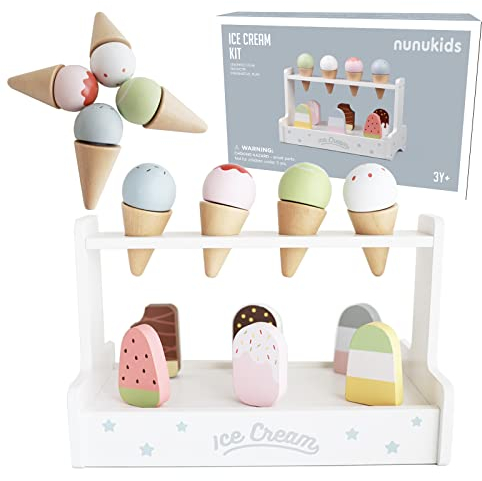 nunukids Wooden Ice Cream Set Eisdielenspielzeug – Realistisches Kinder-Eisdielen-Set, Hölzernes Eiscreme-Spielzeug, Perfekt für Kinder-Spielecke und Kaufmannsladen