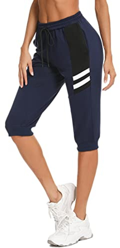 Terecey Pantacourt Femme Taille Élastique avec Poches Yoga Marche Été | Tissu Doux et Respirant, Coupe Ample, Longueur Mi Mollet, Aisance pour Balade Vacances Maison et Quotidien Actif