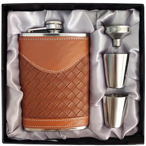 LHD HOME Hip Flasks for Men 8oz Leather Flask Gift Set,304 Stainless Steel Flask Set w/Funnel Shot Glasses Lovely Gift for Whiskey Rum Groomsman Best Man Usher Wedding Camping-Leather Stripe Brown 8oz