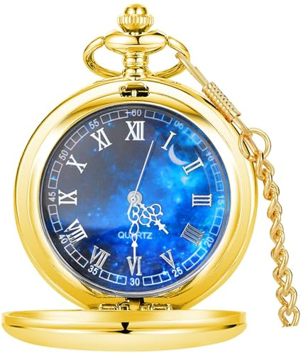 Tiong Vintage Pocket Watch Smooth Steel Roman Numerals/Blue Starry Design Quartz Pocket Watches with Chain for Men Women