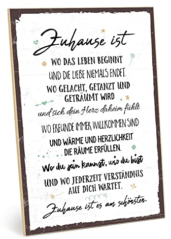TypeStoff Holzschild mit Spruch – Zuhause ist es am schönsten – im Vintage-Look mit Zitat als Geschenk und Dekoration zum Thema Familie und Heimat - HS-00429-X