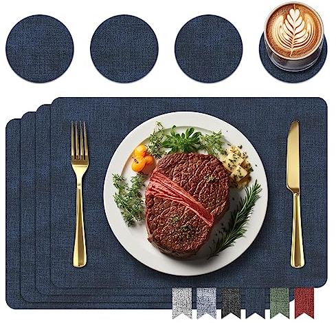 Tischsets und Untersetzer Leder, platzdeckchen,Platzsets abwaschbar,Tischdeko,Platz-Matten für Küche Speisetisch,4er-Set (Rechteck, Marineblau)