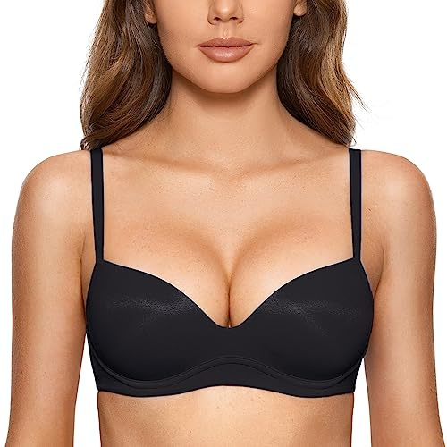 DOBREVA Women's Push Up Bra No Underwire Comfortable Wireless Bras Padded Plunge Black 34B