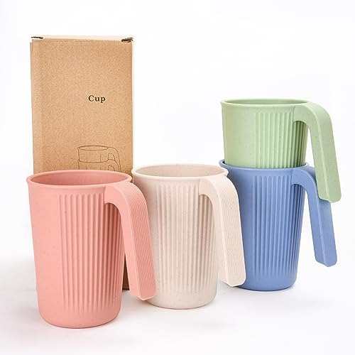 Juego de 4 Vasos de Agua Indestructibles y Reutilizables - Tazas de 350ml para Café, Té y Agua - Para Niños y Adultos - Con Mango, Sin BPA, Plástico de Color
