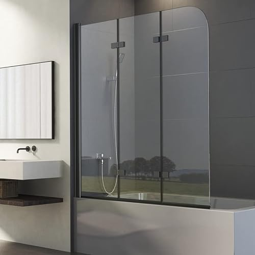 Goezes Duschwand für Badewanne 3-teilig 120x140cm Schwarz Duschabtrennung, Faltbar Glas Duschtrennwand aus 6mm ESG Sicherheitsglas, Schwarz Badewannenaufsatz Trennwand