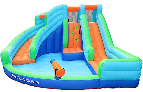 Tobogán acuático inflable para parque acuático, tobogán, cañón de agua, pared de roca y baloncesto para edades de 5 años en adelante, carrera de obstáculos inflable, tobogán acuático para casa de