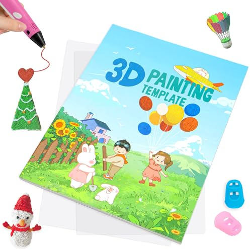 3D-Stift-Malbuch, wiederverwendbare farbige 40-Muster-Vorlagen aus dickem Papier mit zwei durchsichtigen Platten, 3D-Mal-Graffiti-Schablonen für Kinder-DIY-Geschenke, Vomika