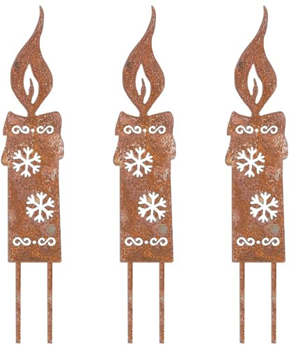 EDWINENE Rostiges Kerzen Gartenstecker Weihnachten, 3er Set Kerze Weihnachtsdeko Roststecker, Rost Kerze Licht Metall Wetterfest, Draußen Gartenstecker Rost Kerze, Gartendeko Rost Deko Baumstecker