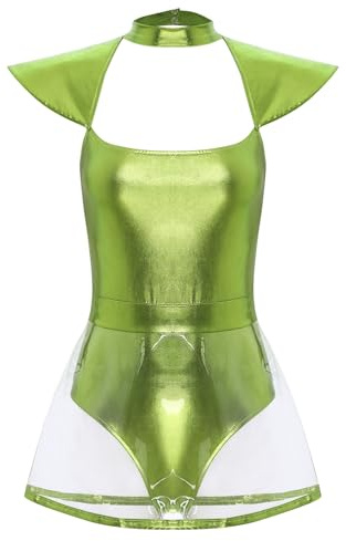 CHICTRY Alien Kostüm Damen Sexy Metallic Glitzer Body Fliegenärmel Overall Cut Out Jumpsuit Kurz Trikot Mit Transarent Rock Cosplay Verkleidung