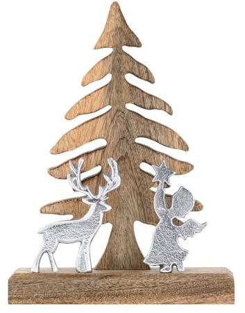 Holzfigur Weihnachtsbaum mit Hirsch und Engel 20x27cm Weihnachtsdeko Mangoholz Aluminium