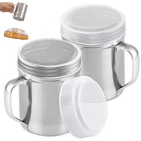 Peosaard 2Pcs Powdered Sugar Shaker Duster, Stainless Steel Fine Mesh Powder Duster, Sugar Shaker with Handle & Plastic Lid for Powder Sugar Pepper Coffee Flour