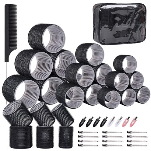 PandyCare Hair Rollers Set 40 PCS, Hair Roller For Long & Short Hair, Velcro Hair rollers, Rollers hair curlers with 18 Self Grip Black Rollers, 16 Hair Clips, 1 Rat Tail Combs&Waterproof storage bag