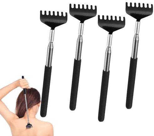 Zhenghebuy Rascador Trasero Telescópico,4 Piezas Rascador de Espalda Portátil,Masajeador de Espalda Extensibles de Acero Inoxidable para Picor y Massage(Negro)