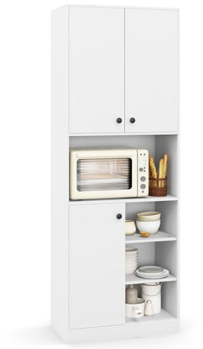COSTWAY 166cm Tall Kitchen Cupboard, Buffet Pantry Storage Cabinet with 3 Doors, Open Shelves & 2 Anti-tipping Device, Modern Freestanding Sideboard Organizer for Home Dining Room