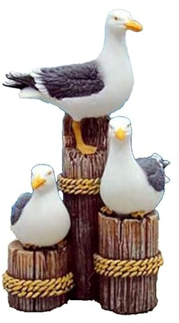 Generisch Maritime Dekofigur 3 Möwen auf Poller, 15 x 8 x 7 cm, Polystone
