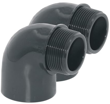 HAF® 2 raccordi in PVC ad angolo di 90° con manicotto adesivo da 50 mm x filettatura esterna da 2 – Connettore angolare in PVC grigio per tubi della piscina e molto altro ancora... Qualità: Made in