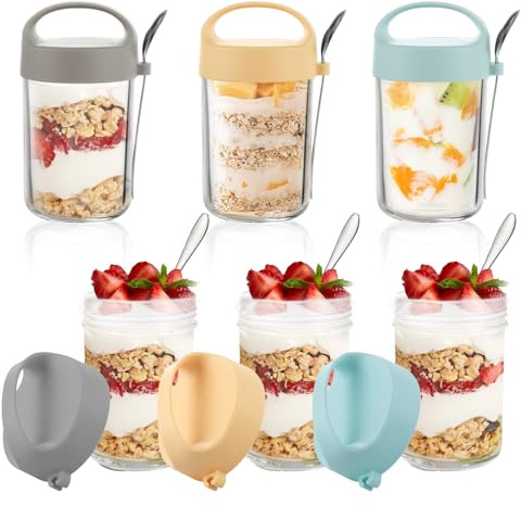LDXDRU 6 Pack 410ml / 14.4oz Overnight Oats Jars with Lids, Overnight Oats Container with Spoon, Airtight Glass Mason Jars Breakfast Pots for Cereals Milk Yogurt Fruit Salad