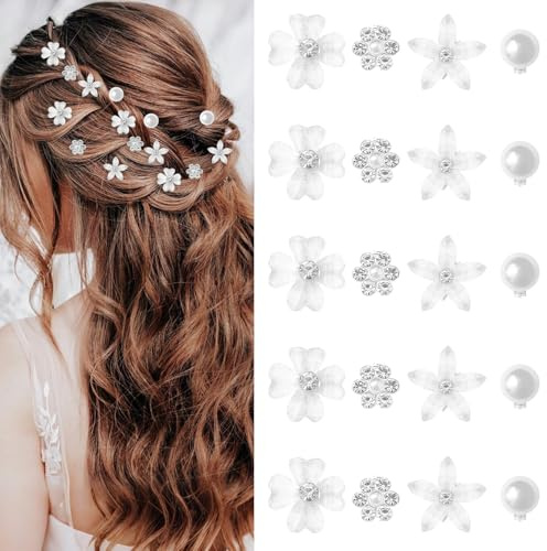 20 stycken små blomhårspännen, mini-blomhårspännen små söta strass-hårnålar i metall för kvinnor håraccessoarer bröllopshåraccessoarer nattvard flickor brudhåraccessoarer (Vit)
